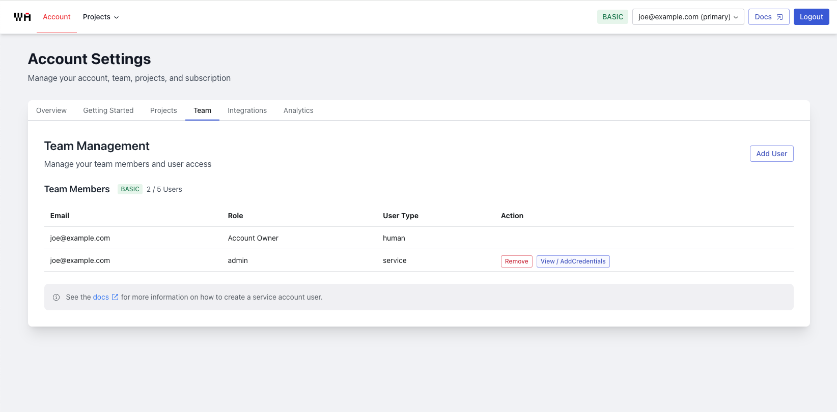 Service account with View/Add Credentials button
