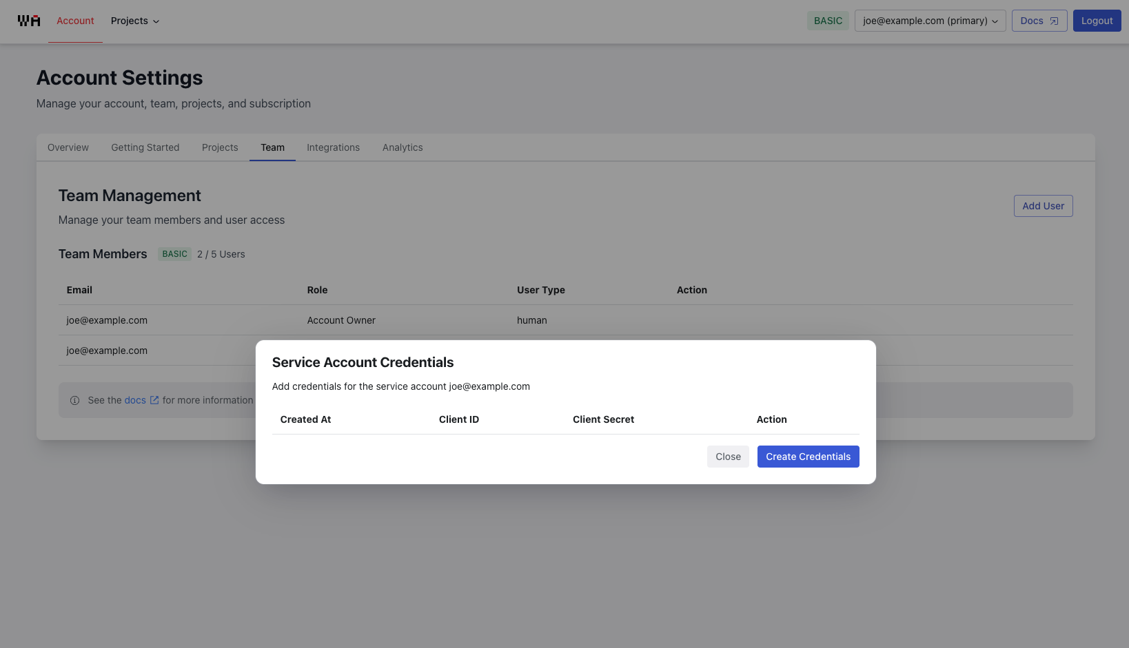 Create Credentials button