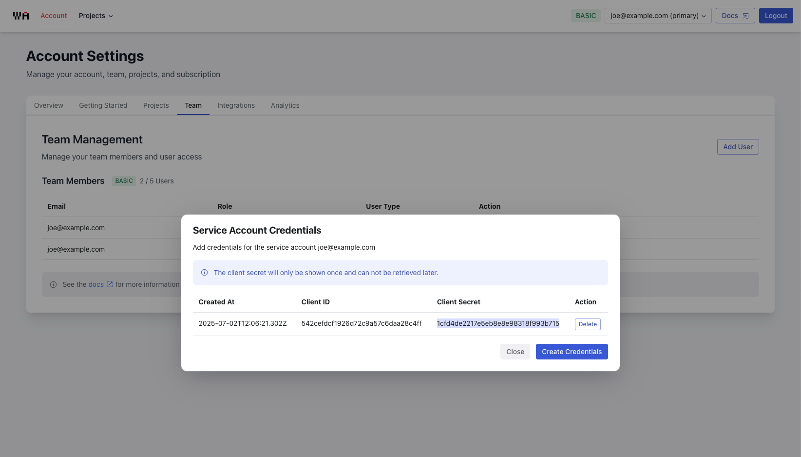 Generated Client ID and Client Secret
